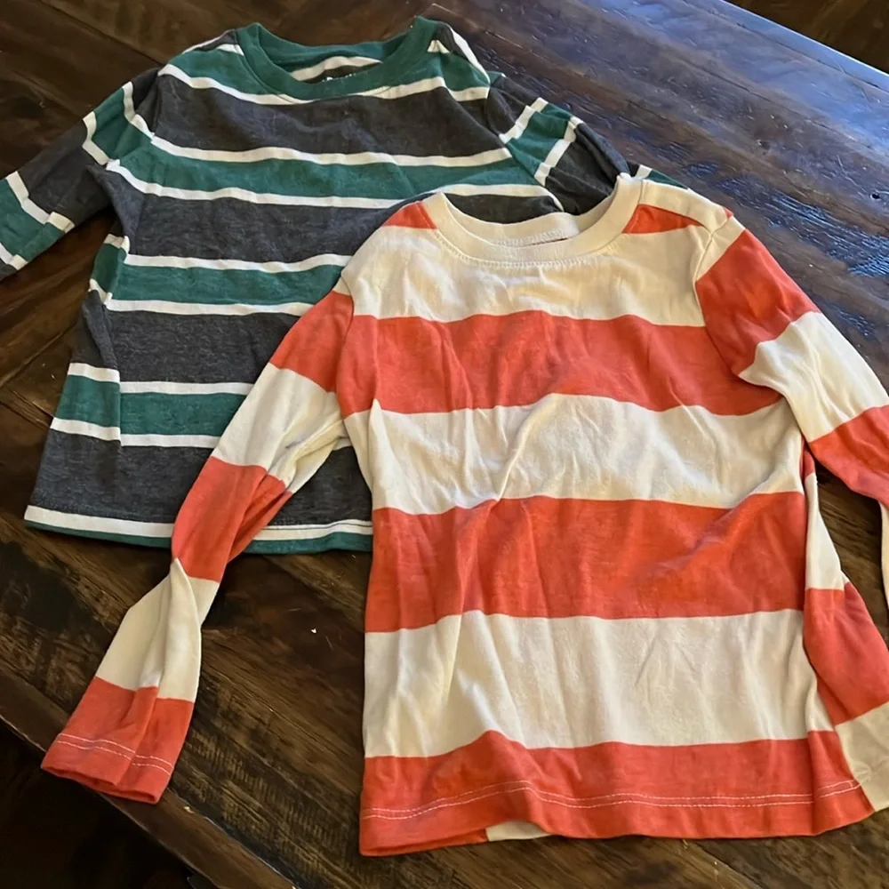 (2) pack 2T long sleeve striped t-shirts - grey/green and orange/beige